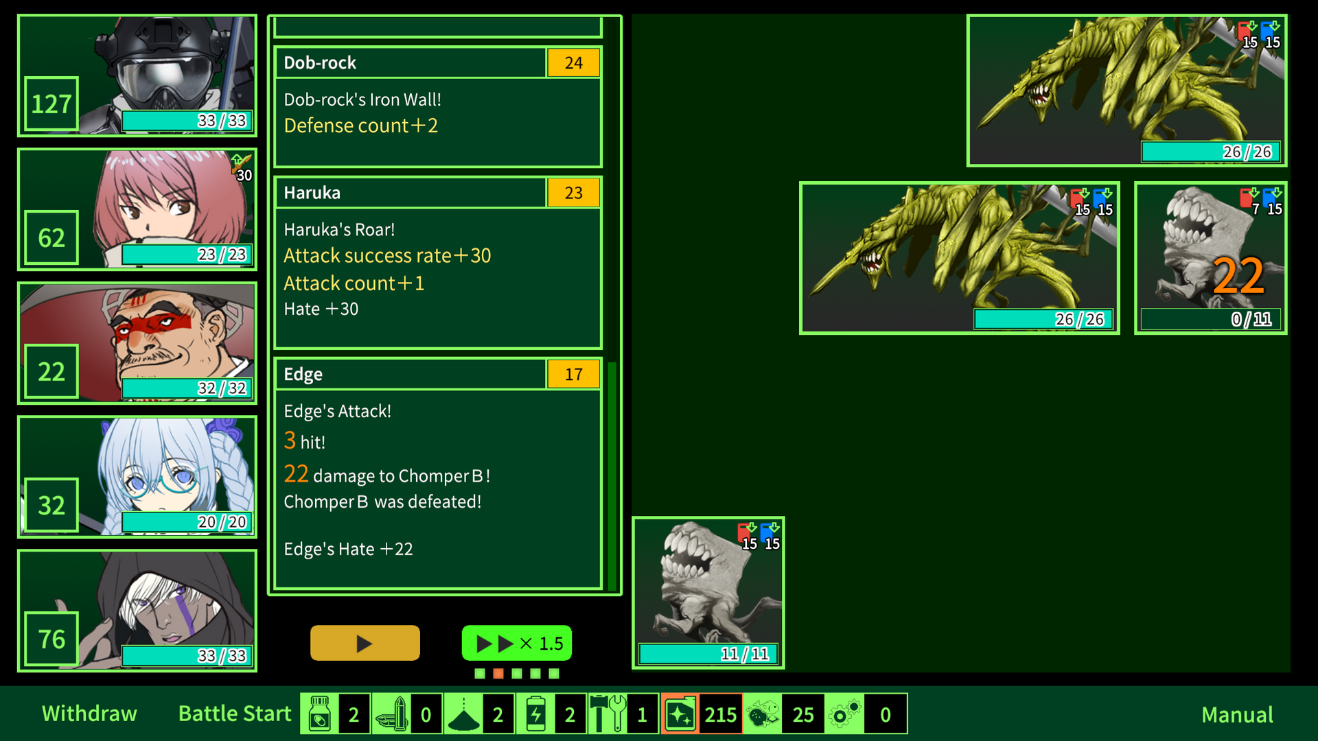 Game interface with character portraits, stats, and creature images on a green background
