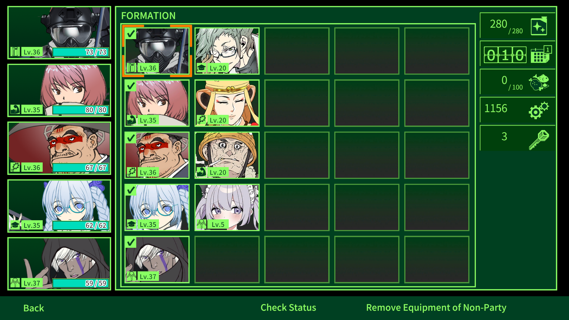 Character selection screen with various anime-style characters on a green background