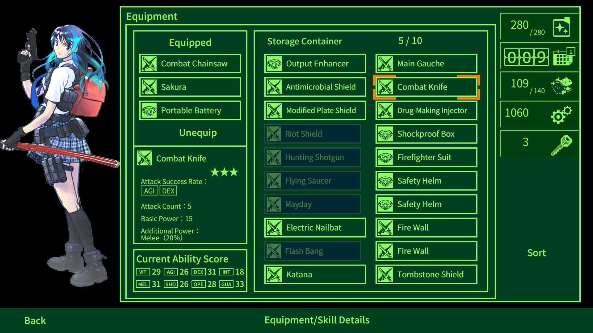 Character with equipment screen displaying weapons and gear in a video game interface.