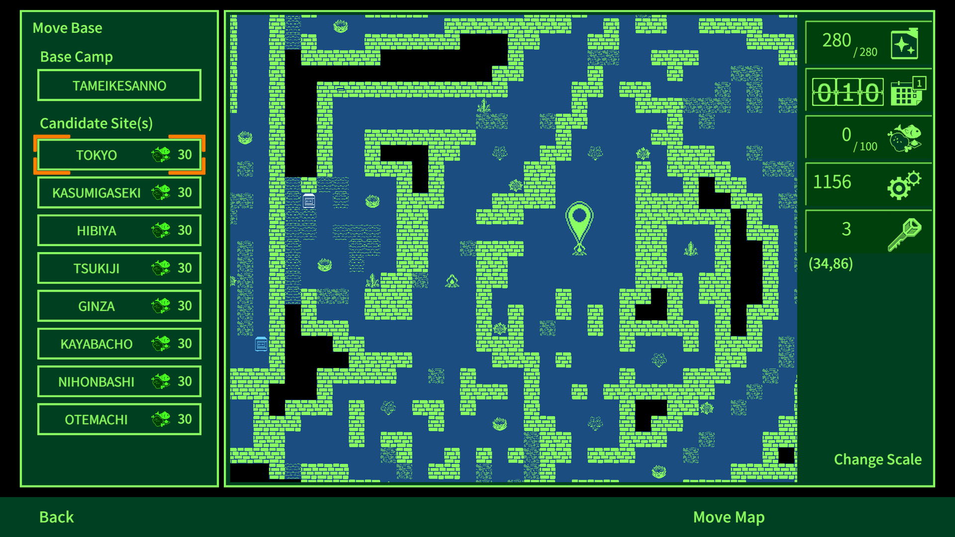 Game interface with map and navigation options on a green and blue background