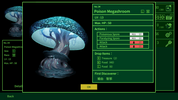 Game interface showing a Poison Megashroom with stats and options on a green background
