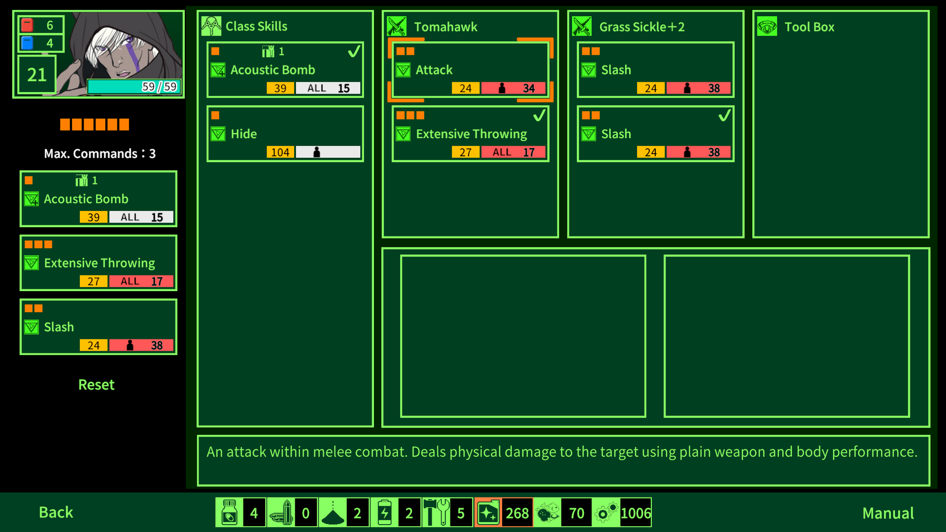 Game interface with character class skills and weapon information on a green background
