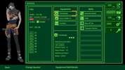Character status screen with equipment and skill details in a video game interface.