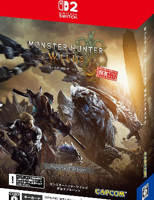 Nintendo Switch game box art for Monster Hunter Wilds Deluxe Edition, featuring a red top panel, fantasy character artwork, and Capcom branding on a white background.