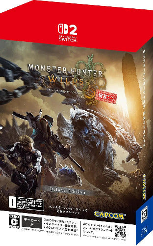 Nintendo Switch game box art for Monster Hunter Wilds Deluxe Edition, featuring a red top panel, fantasy character artwork, and Capcom branding on a white background.