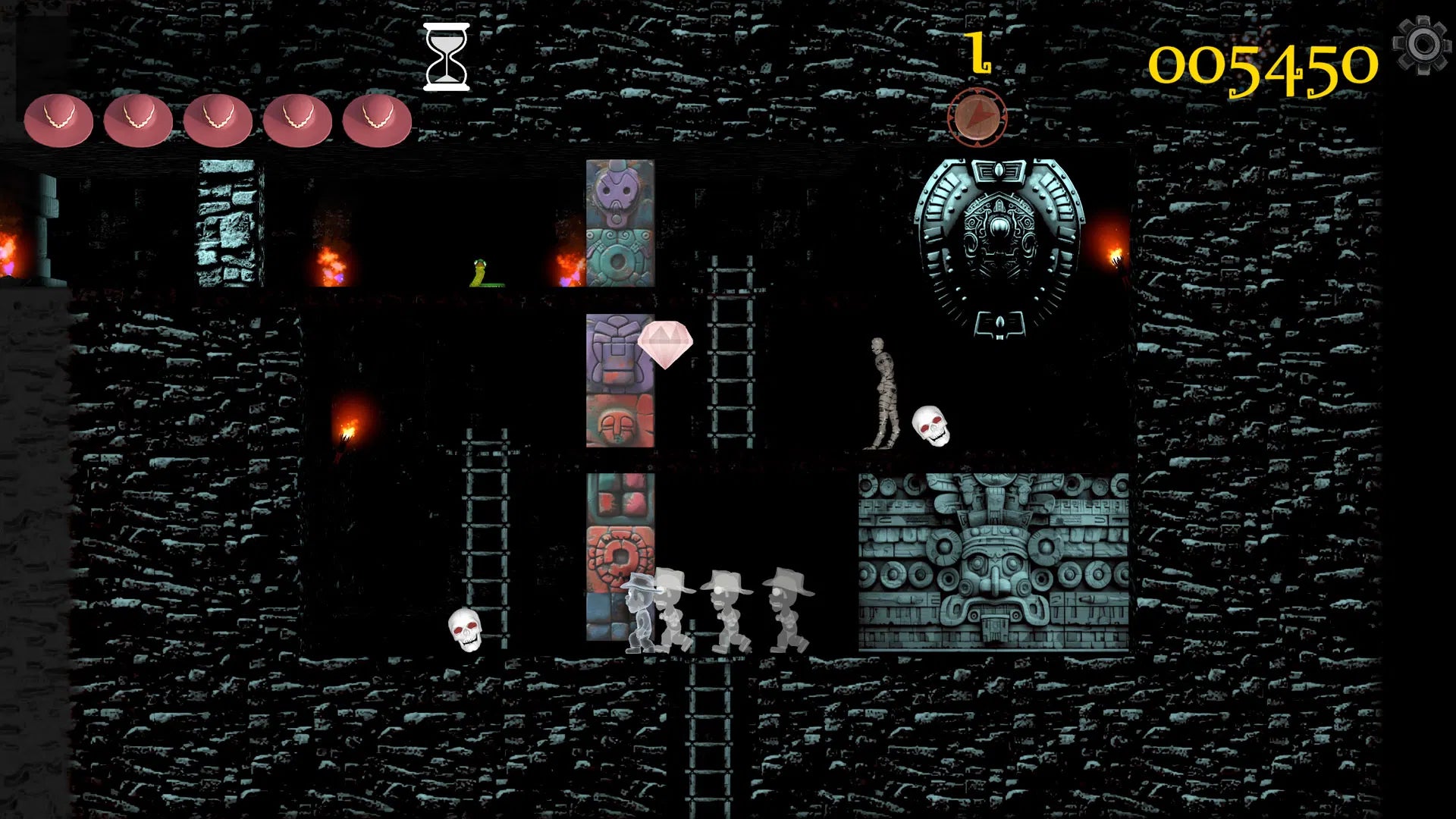 Game level with characters and obstacles in a dark, textured environment