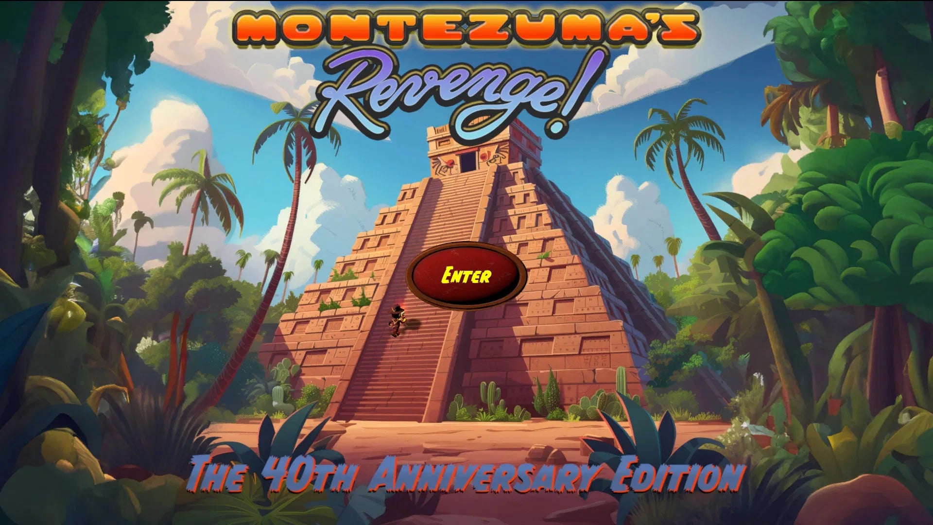 Montezuma's Revenge title screen with pyramid and jungle scenery