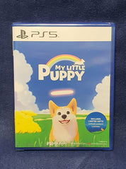 PS5 game case for 'My Little Puppy' featuring a cartoon puppy on the cover, photographed on a dark textured fabric background.