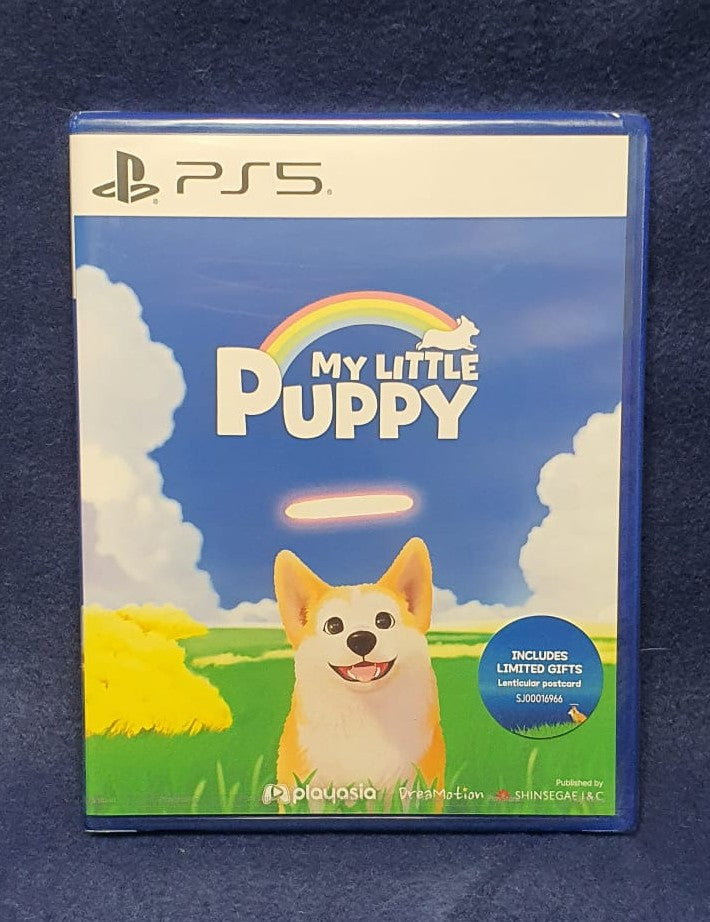 PS5 game case for 'My Little Puppy' featuring a cartoon puppy on the cover, photographed on a dark textured fabric background.