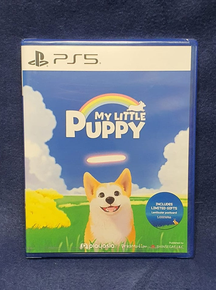 PS5 game case for 'My Little Puppy' featuring a cartoon puppy on the cover, photographed on a dark textured fabric background.