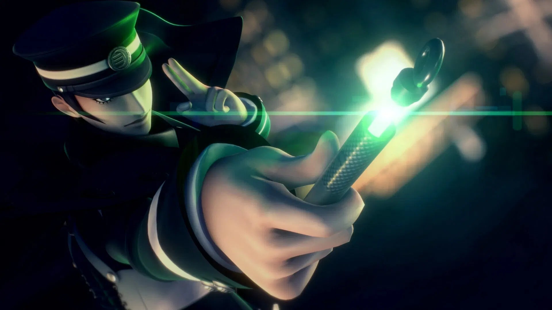 Animated character in uniform holding a glowing green weapon with a blurred background
