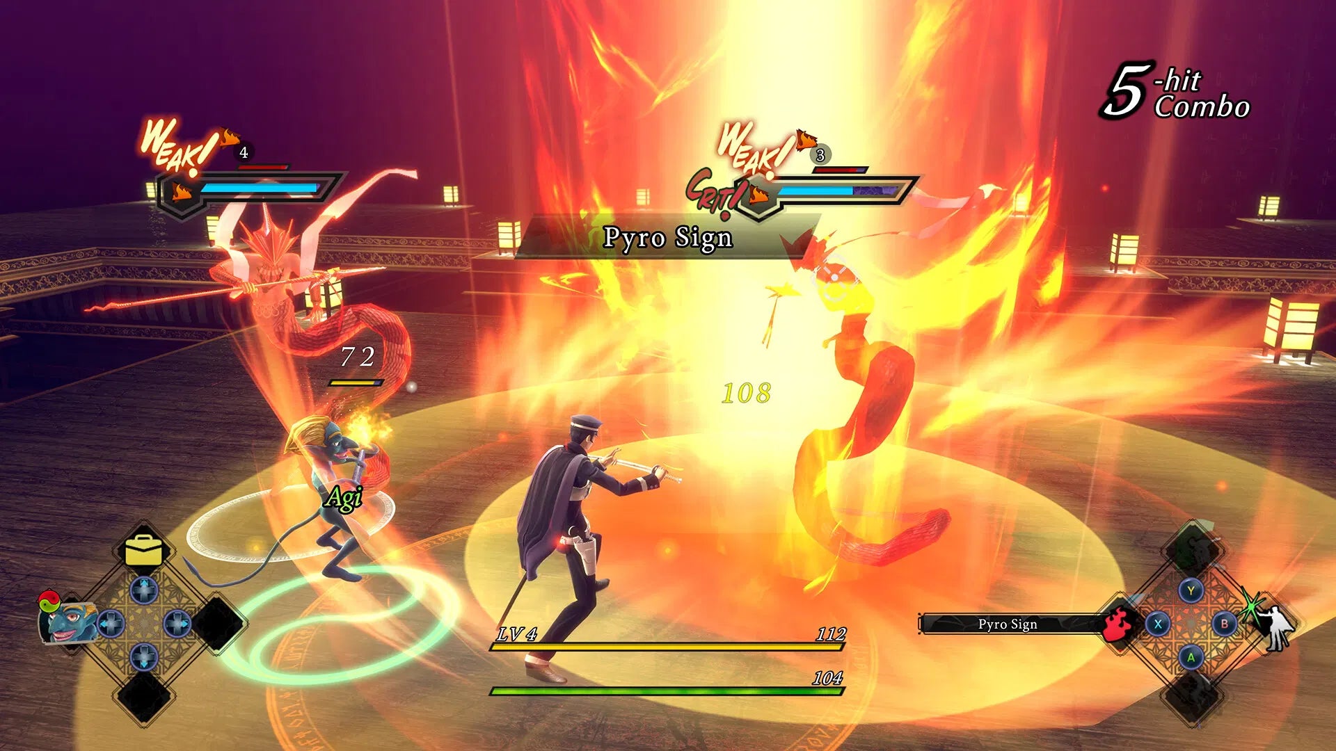 Combat scene from a video game with characters and fiery effects
