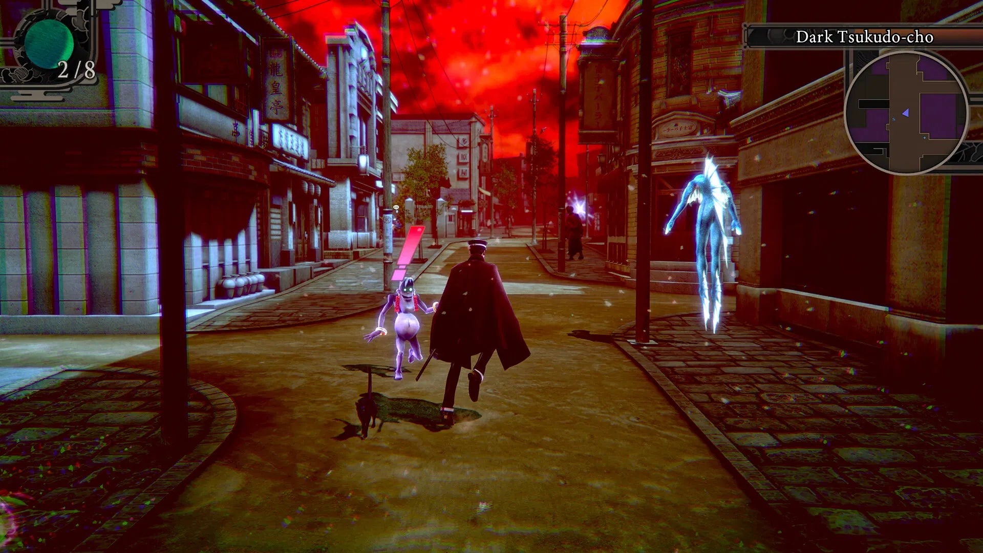 Game scene with characters on a street at night, featuring a red sky.