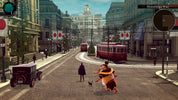 Animated characters walking down a city street with vintage cars and trams.