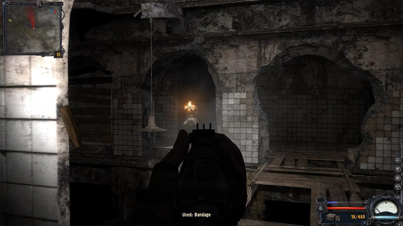 Dark, eerie interior with a flashlight and gun, possibly from a video game.