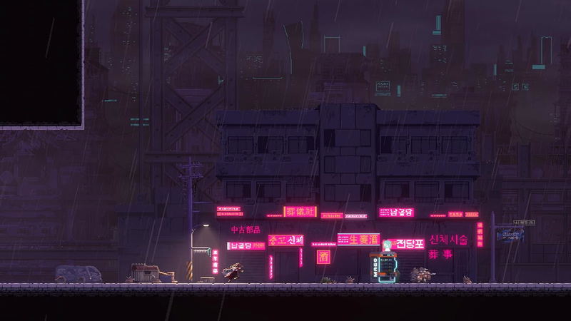 Pixel art scene of a character in a dark, urban environment with neon signs.
