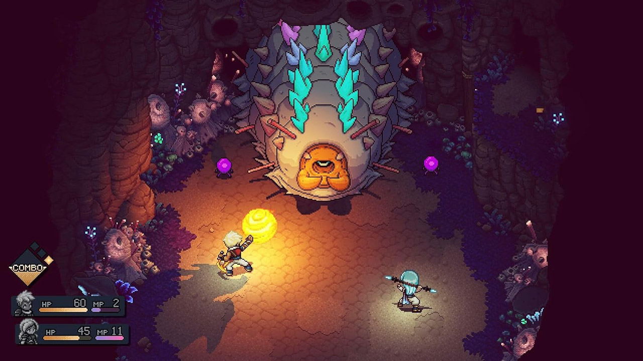 Video game scene with characters and a large creature in a dark, forest-like setting.