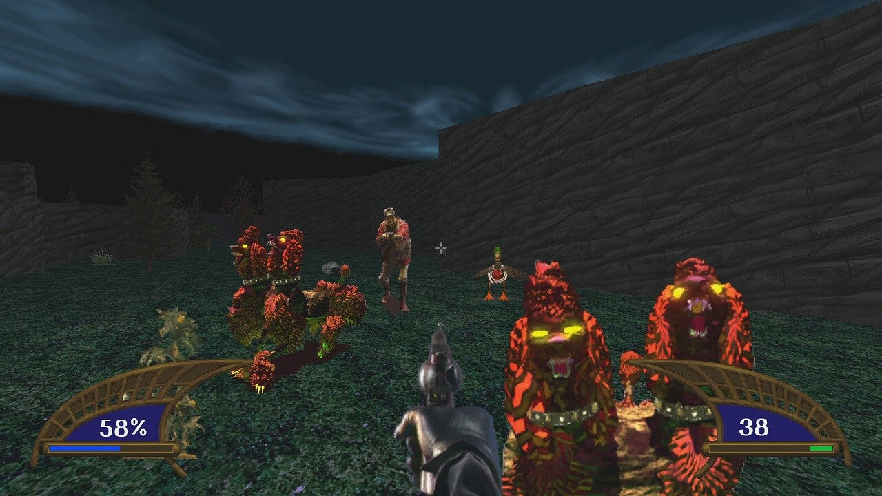 Screenshot of a video game with characters and health bars on a dark landscape