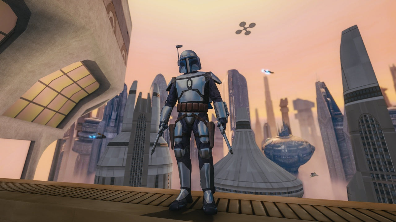 Character in futuristic armor standing on a platform with a cityscape in the background