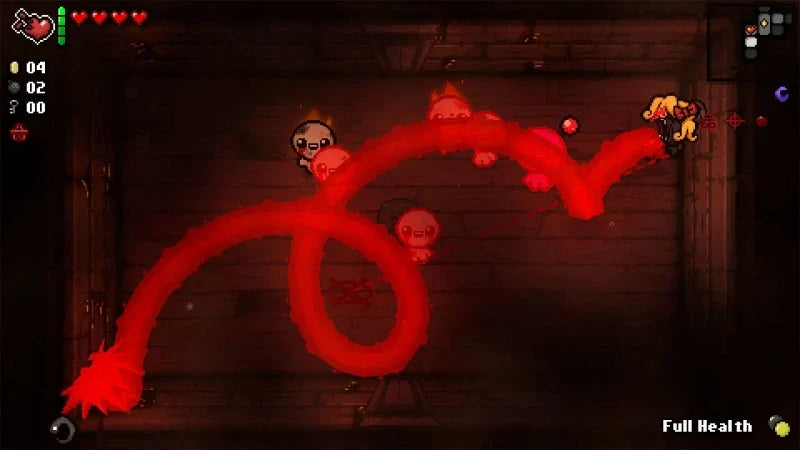 A screenshot from a dark, pixel-art video game scene showing a glowing red serpentine creature winding through a dimly lit room, with small character sprites and UI elements including hearts, level/health indicators, and 'Full Health' text in the corner.