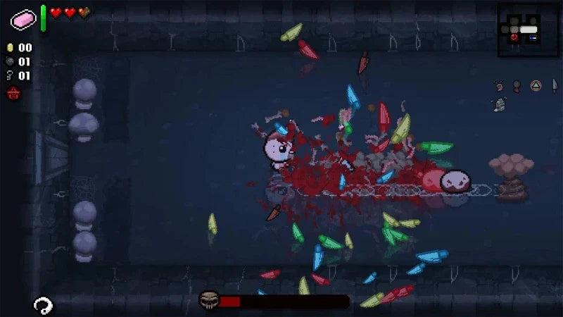 Pixel art game scene showing a dark underwater or shadowy chamber with a small pink character fighting a red splatter effect, surrounded by colorful floating objects. The scene includes UI elements such as health hearts, counters, and a health bar at the bottom.