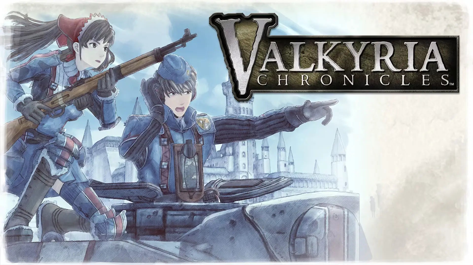 Promotional image for 'Valkyria Chronicles' featuring two characters with a cityscape in the background.