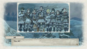 Group of characters in winter clothing standing together with a snowy landscape in the background.