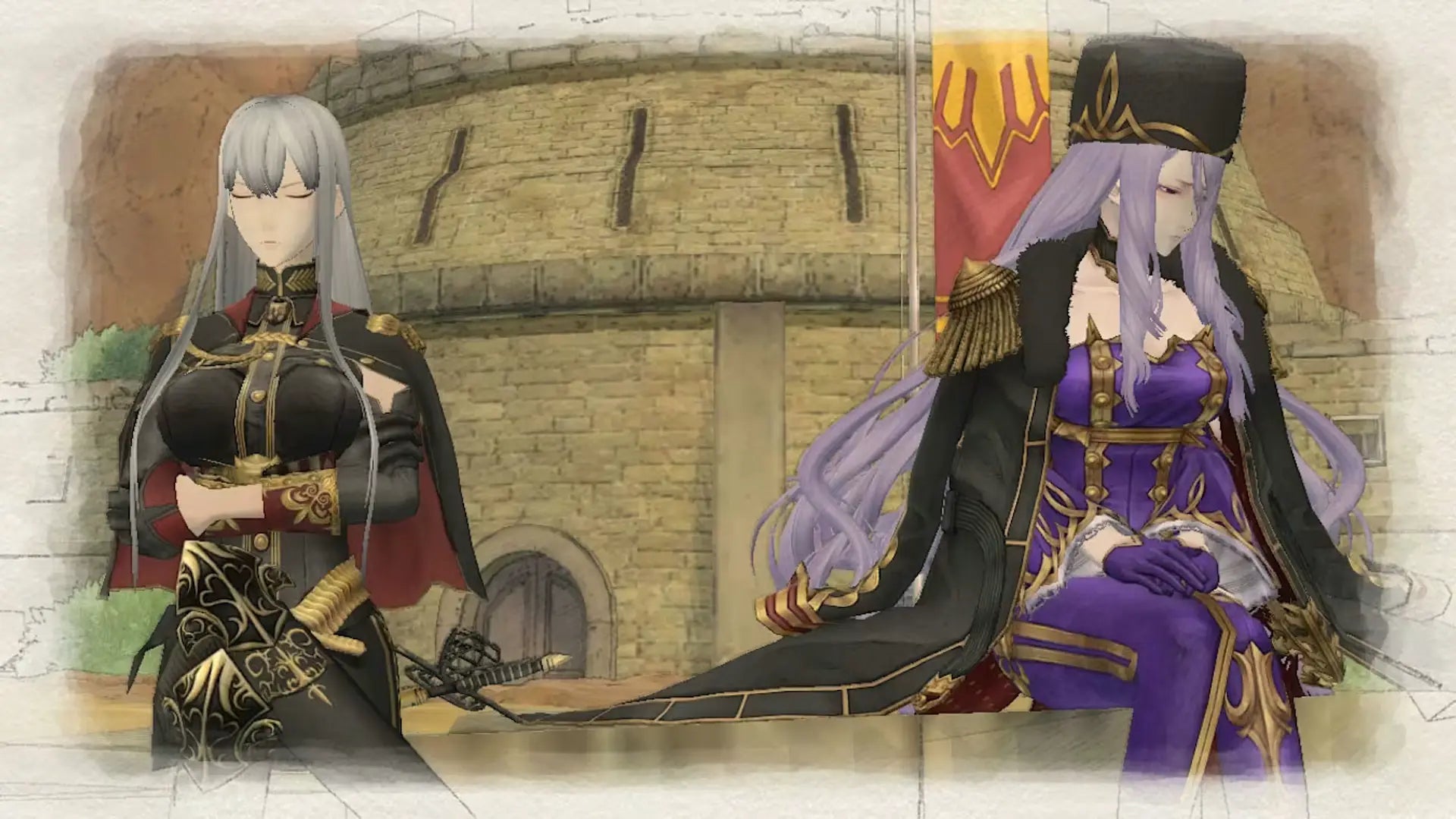 Two characters in elaborate costumes standing in a stone-walled room.